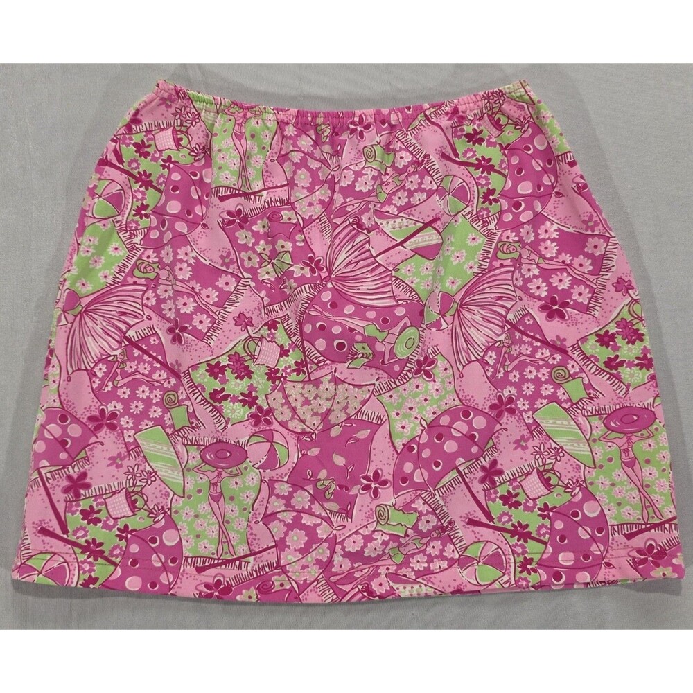 VTG Lilly Pulitzer Mini Skirt 90s Y2K Beach Blanket Bingo Novelty Print Pink USA